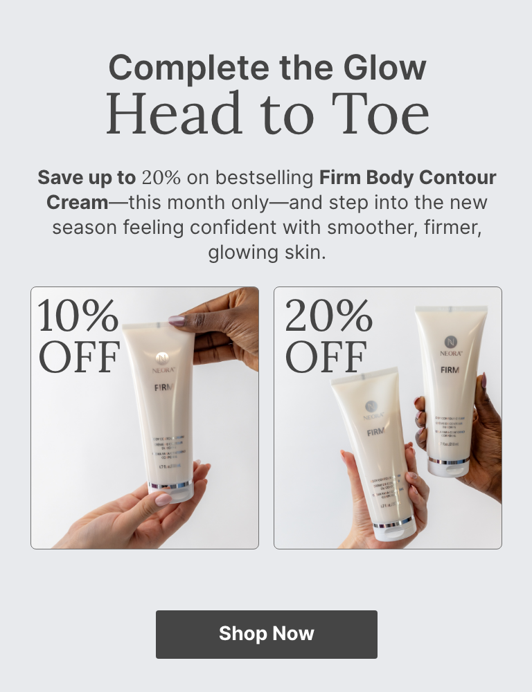 Show now and save up to 20% on Firm Body Contour Cream—this month only! Featured are people holding bottles of Firm Body Contour Cream.